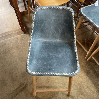 Anthro Dusty Blue Rawhide Leather Stitched Counter Stool C STOOLS