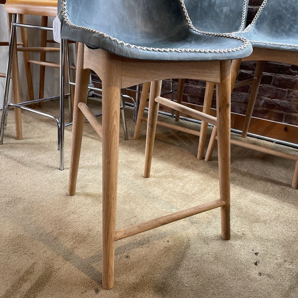 Anthro Dusty Blue Rawhide Leather Stitched Counter Stool C STOOLS