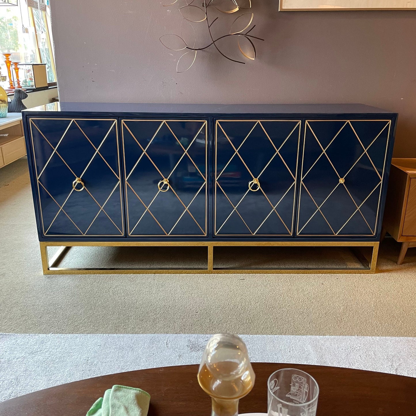 Blue Sideboard w/ Golden Geometric Front & Legs