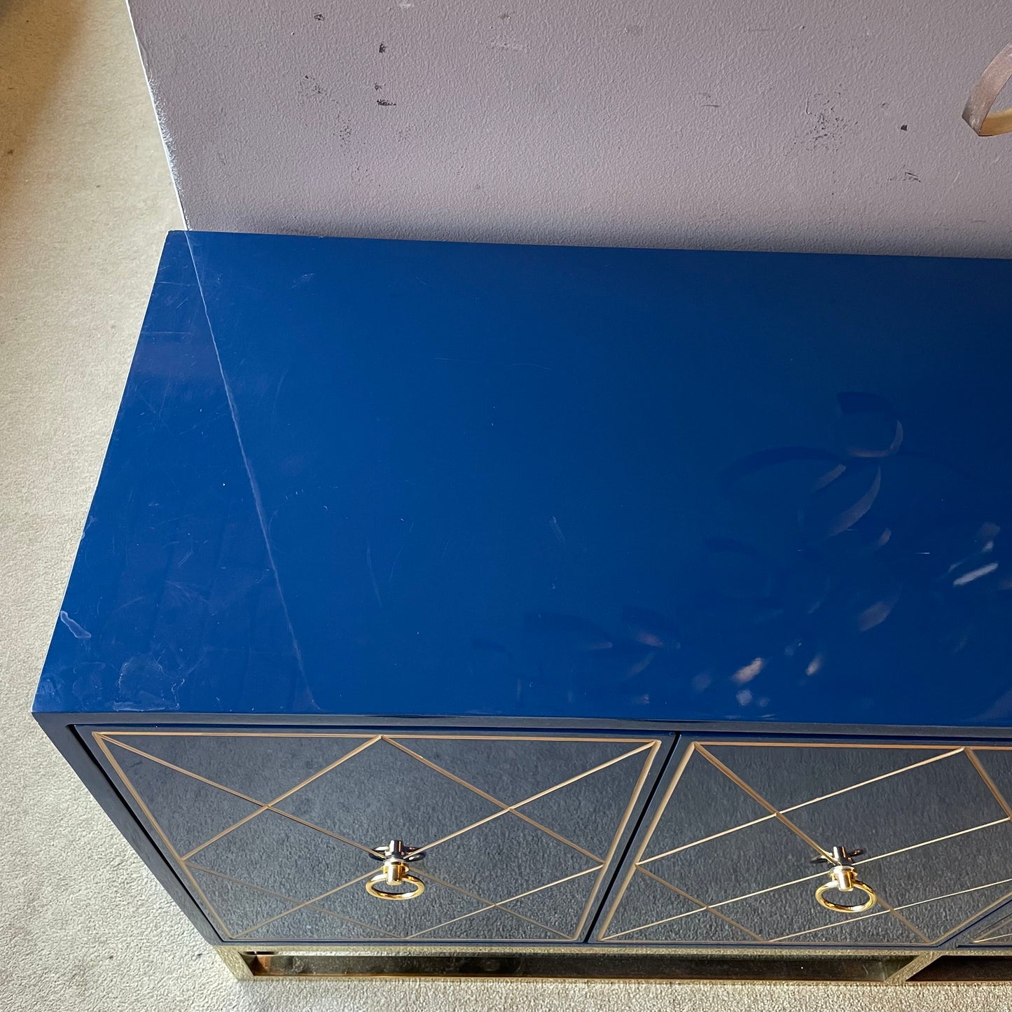Blue Sideboard w/ Golden Geometric Front & Legs
