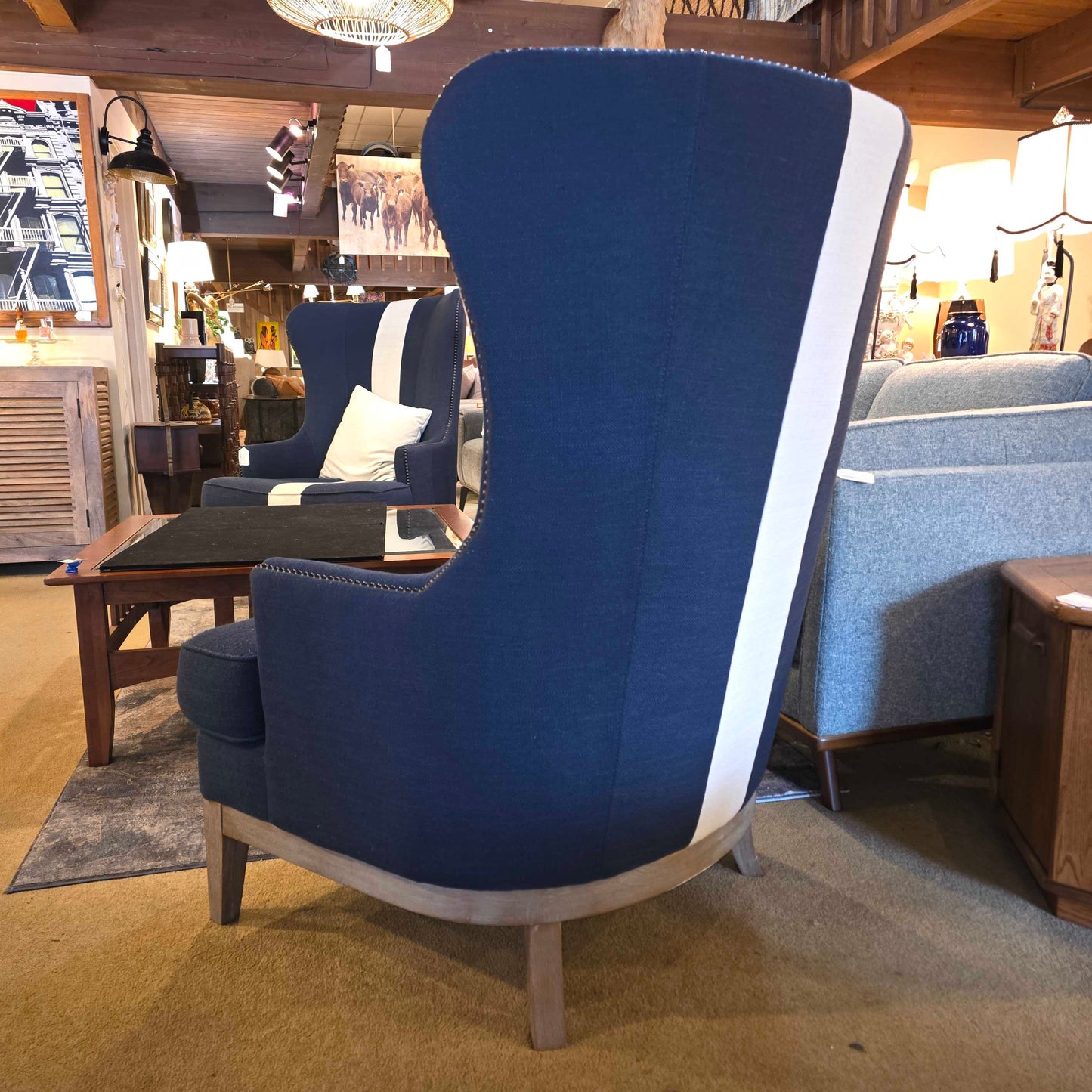 Blue Studded White Stripe Wingback Chair