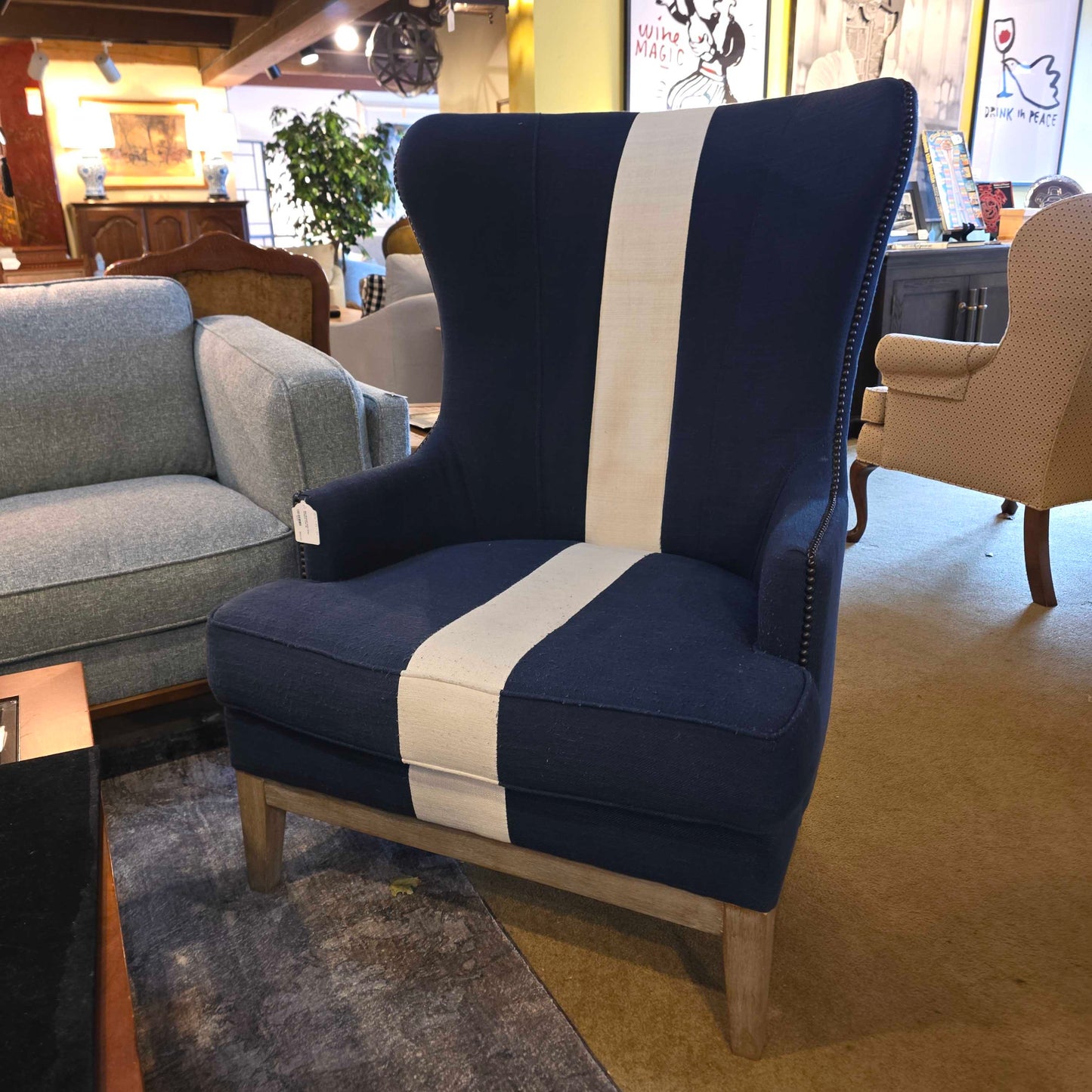 Blue Studded White Stripe Wingback Chair