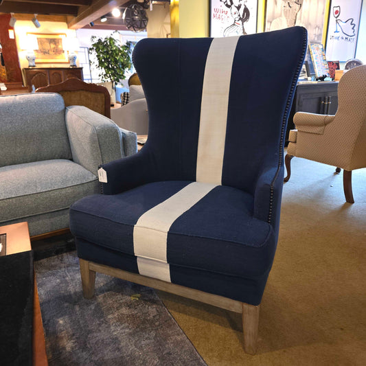 Blue Studded White Stripe Wingback Chair