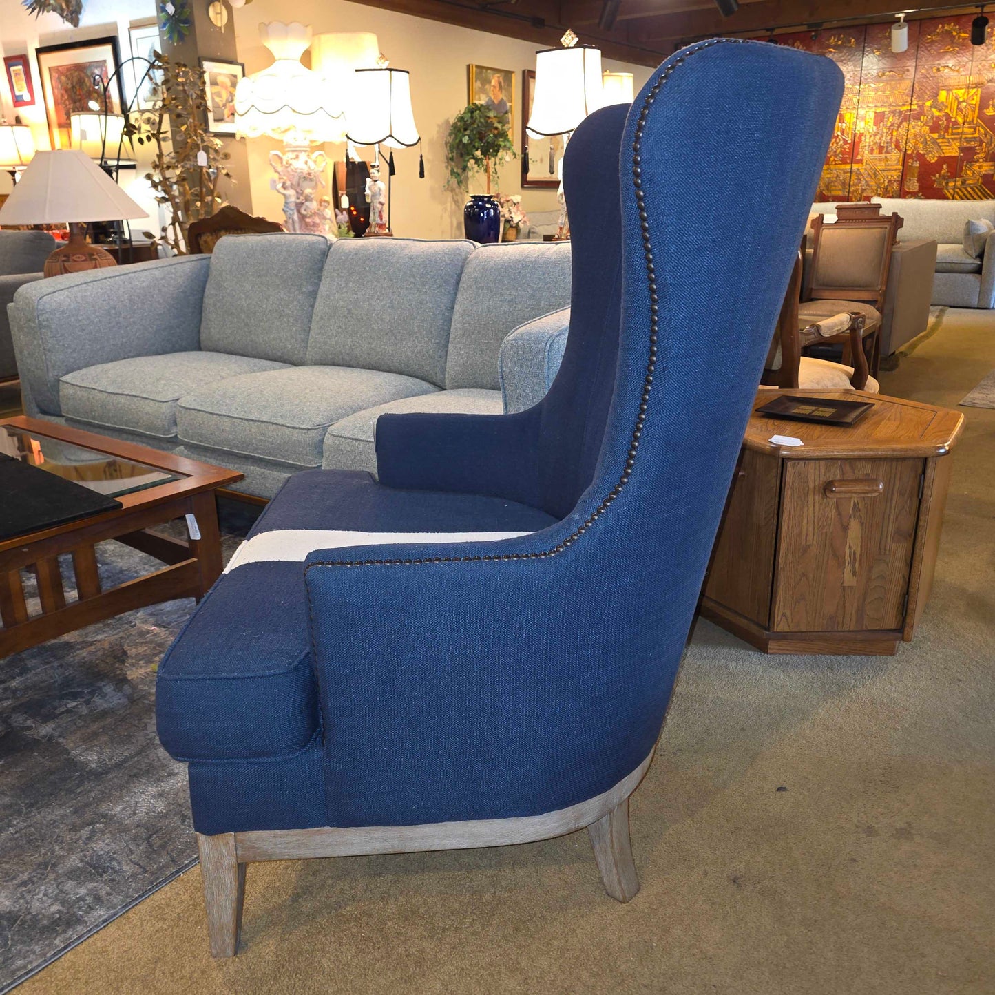 Blue Studded White Stripe Wingback Chair