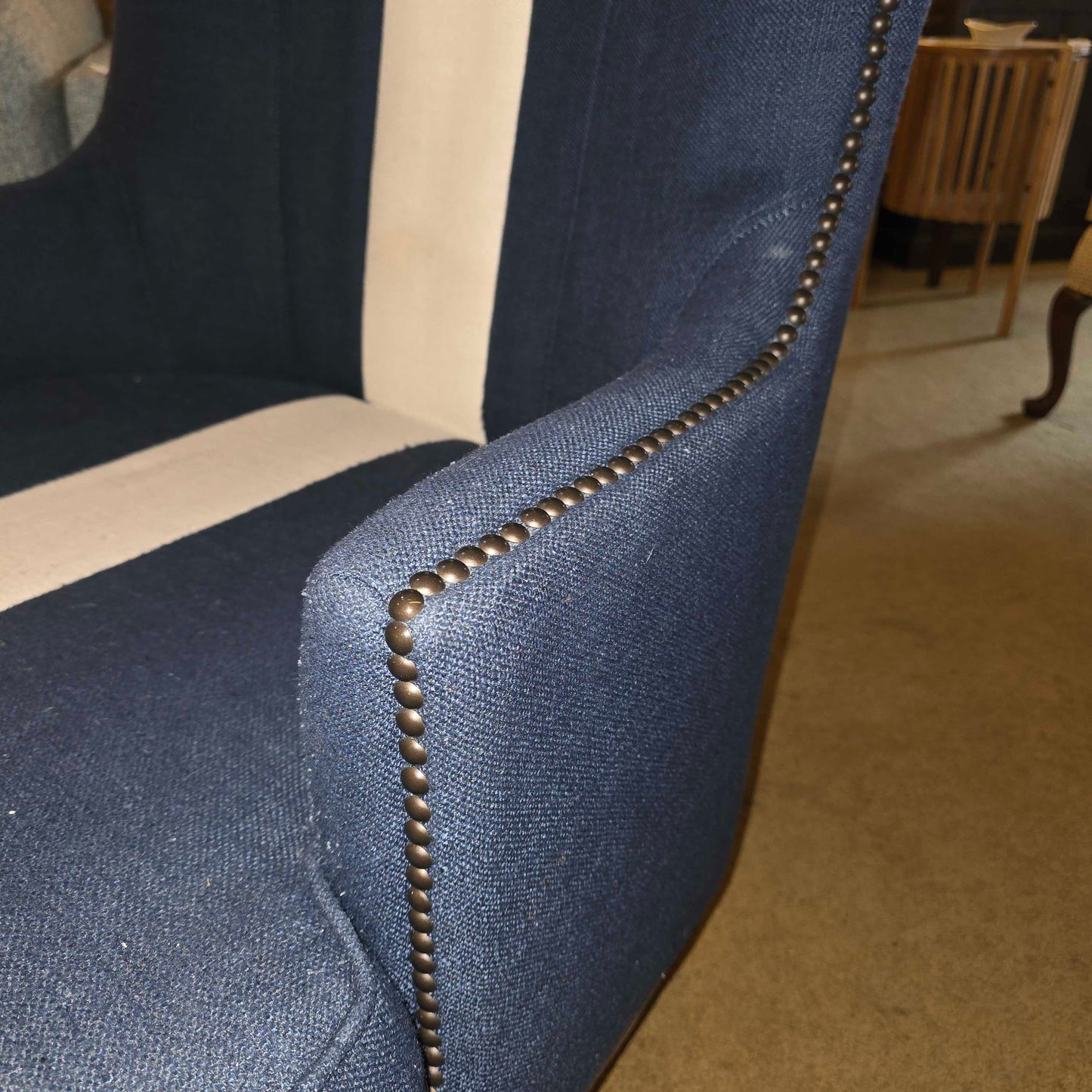 Blue Studded White Stripe Wingback Chair