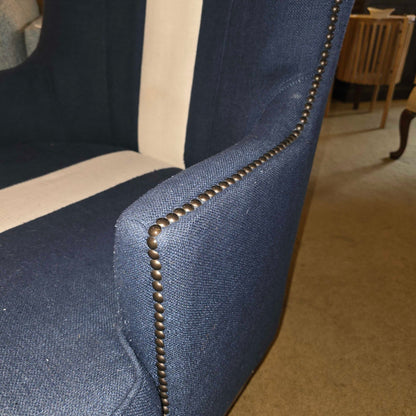 Blue Studded White Stripe Wingback Chair