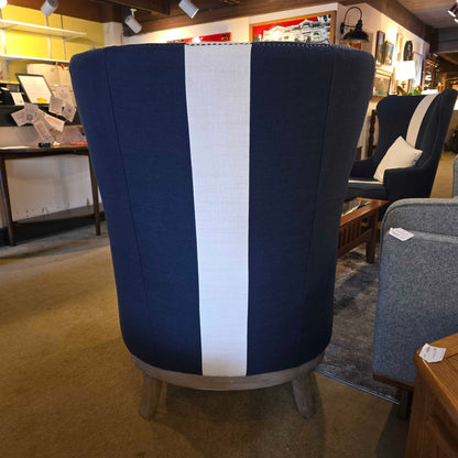 Blue Studded White Stripe Wingback Chair