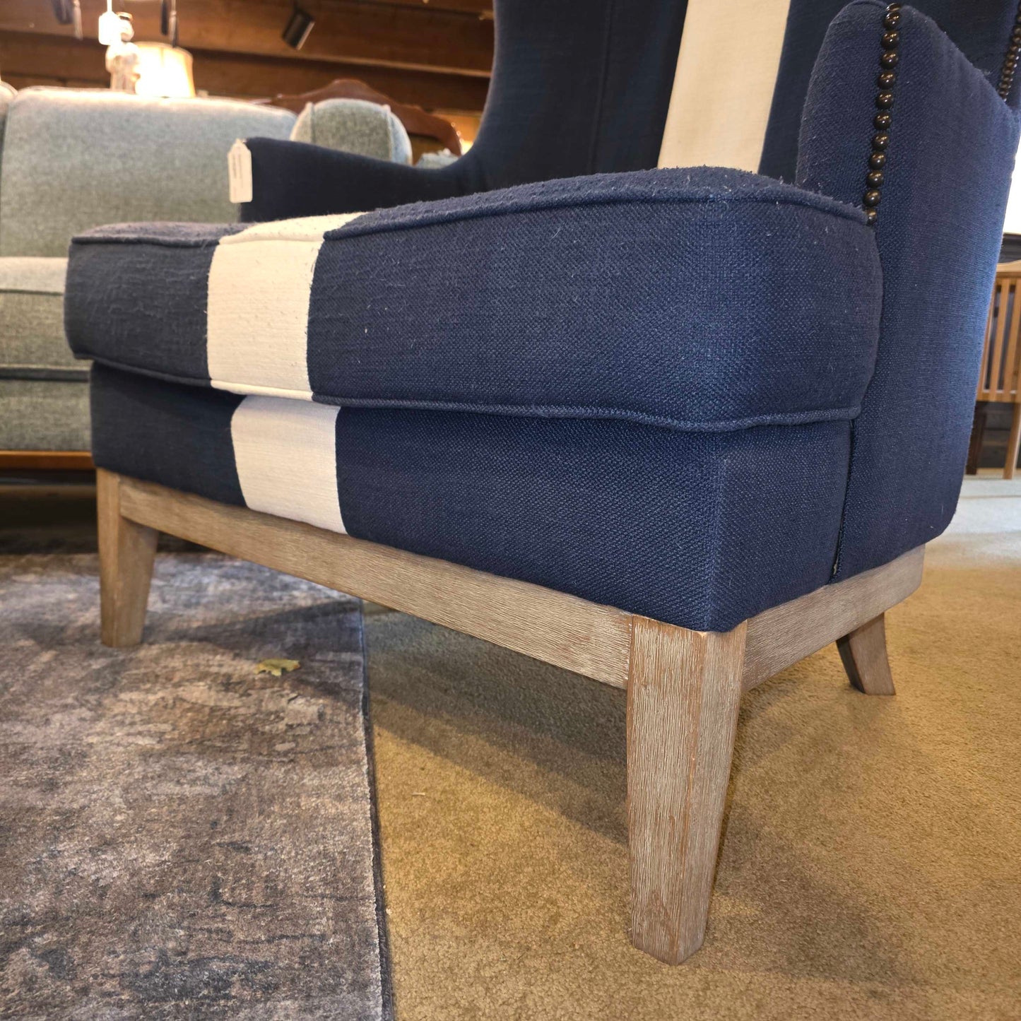 Blue Studded White Stripe Wingback Chair