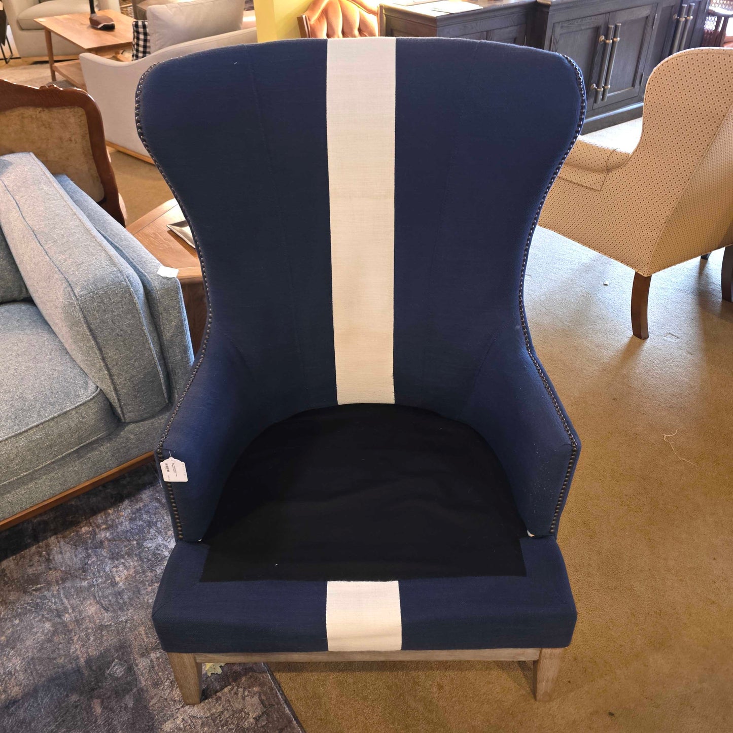 Blue Studded White Stripe Wingback Chair