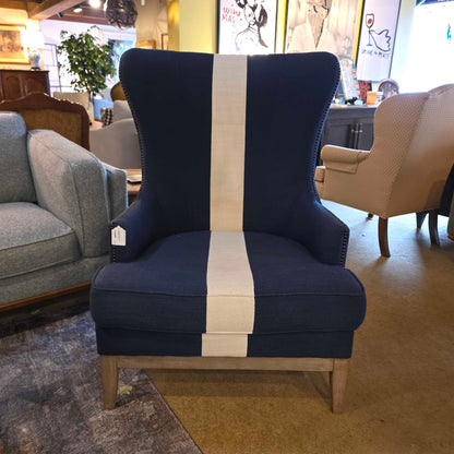 Blue Studded White Stripe Wingback Chair