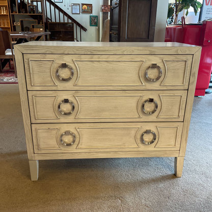 3 Drawer White Wash Chest of Drawers w Circular Pulls