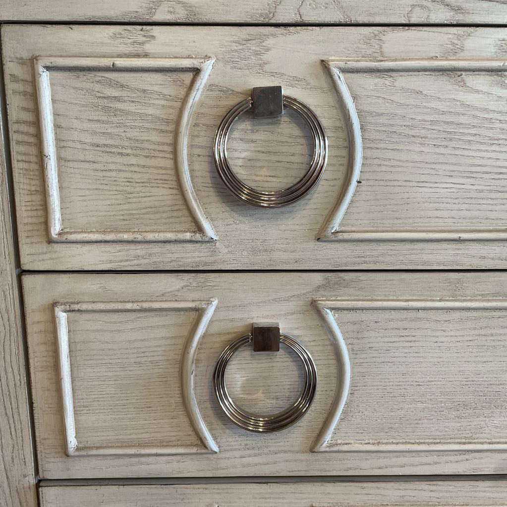 3 Drawer White Wash Chest of Drawers w Circular Pulls