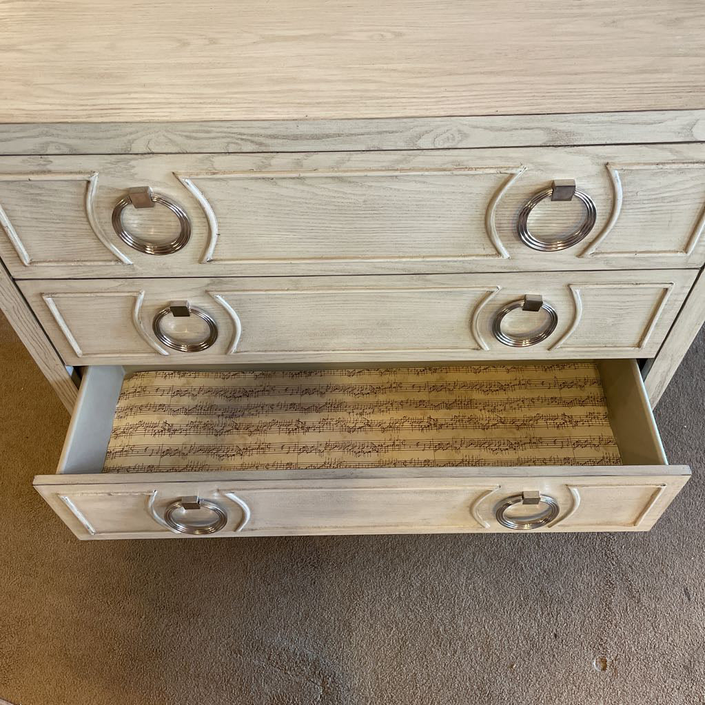 3 Drawer White Wash Chest of Drawers w Circular Pulls