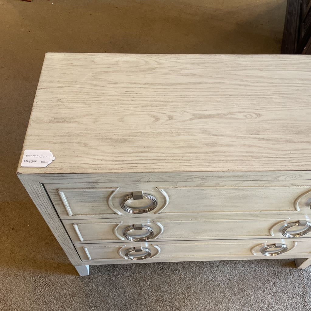 3 Drawer White Wash Chest of Drawers w Circular Pulls