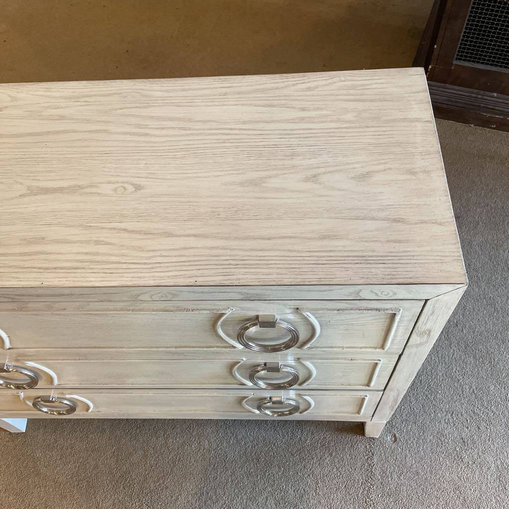 3 Drawer White Wash Chest of Drawers w Circular Pulls