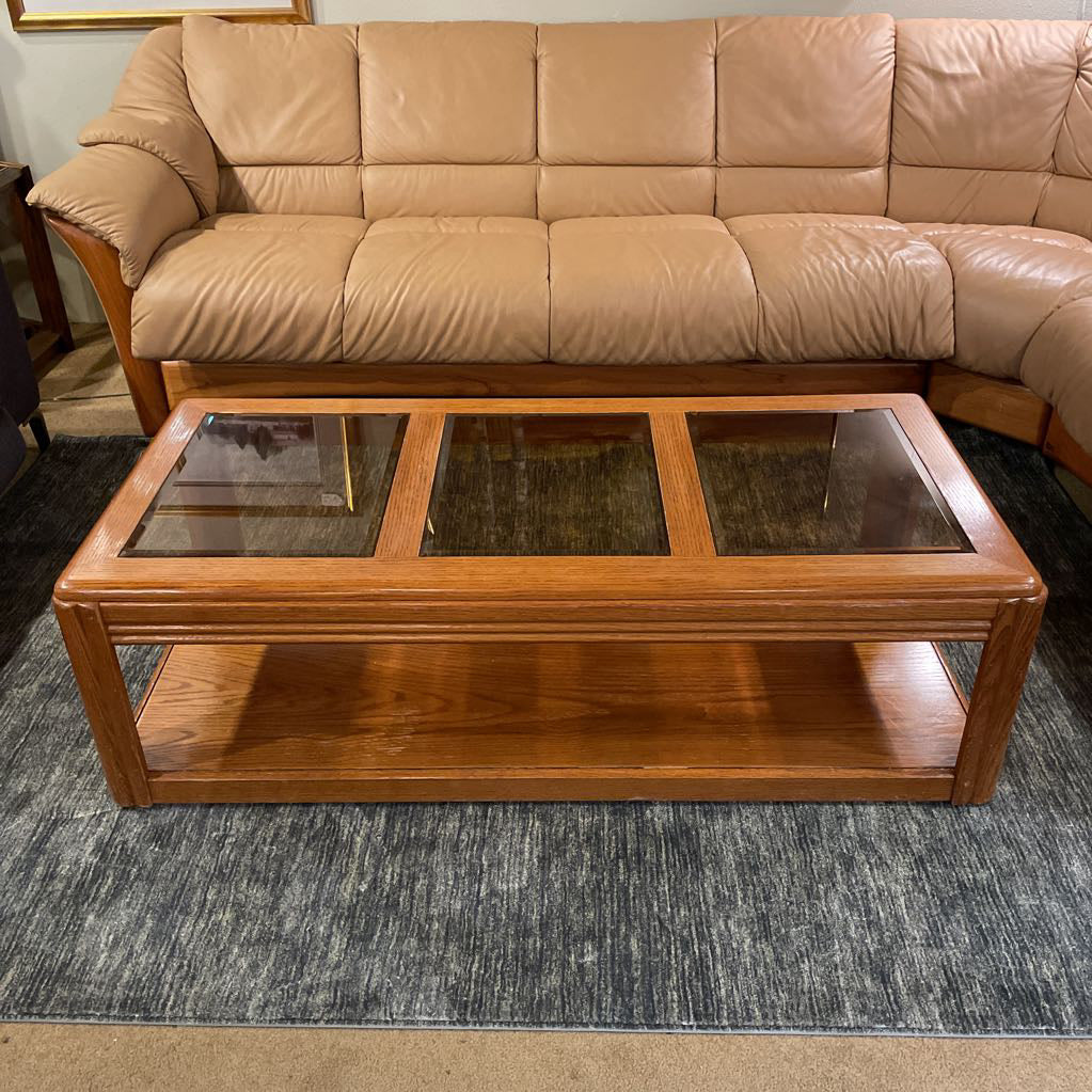 Oak Rectangular Coffee Table w/ Smoked Glass Inlay
