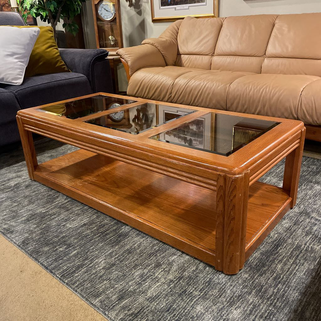 Oak Rectangular Coffee Table w/ Smoked Glass Inlay
