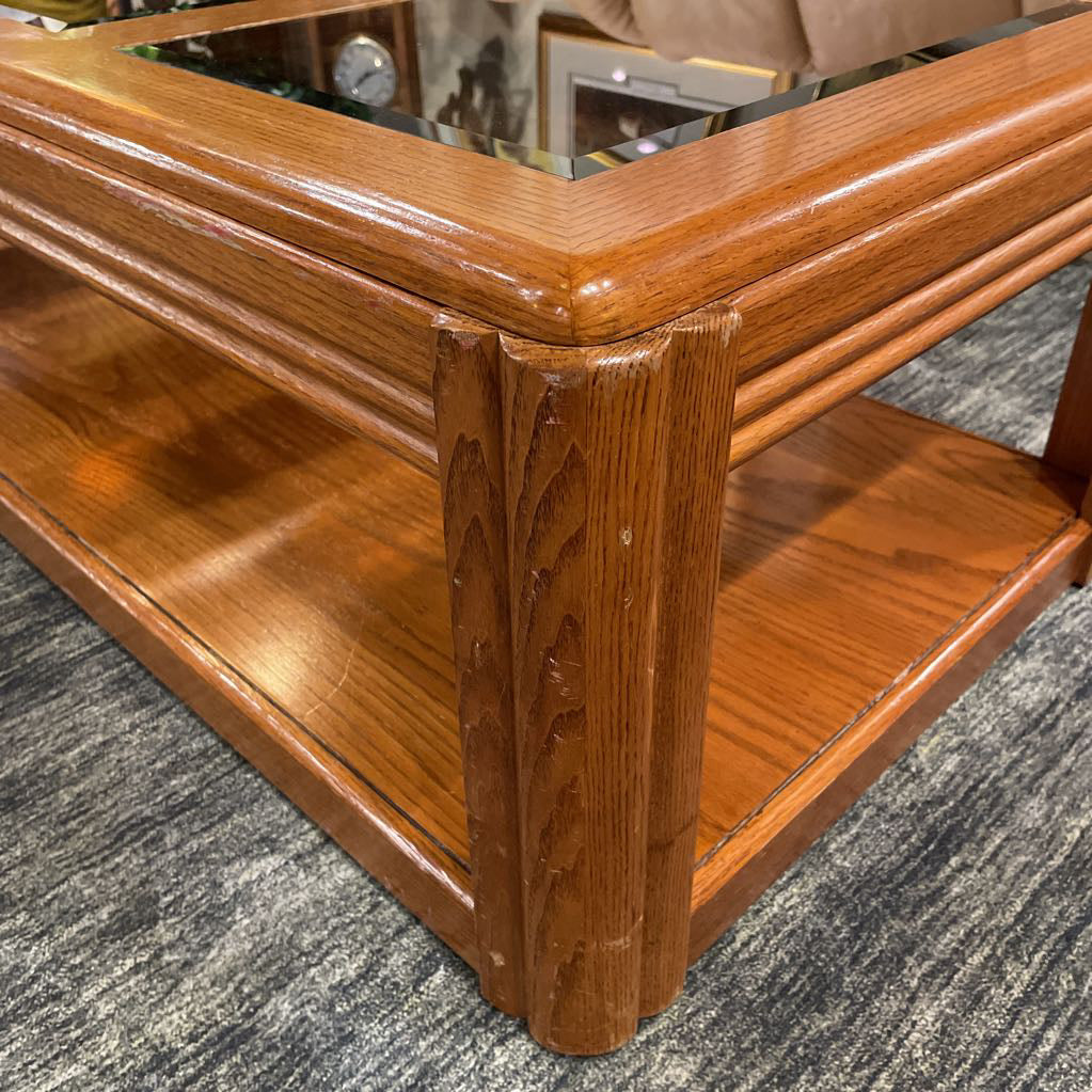 Oak Rectangular Coffee Table w/ Smoked Glass Inlay