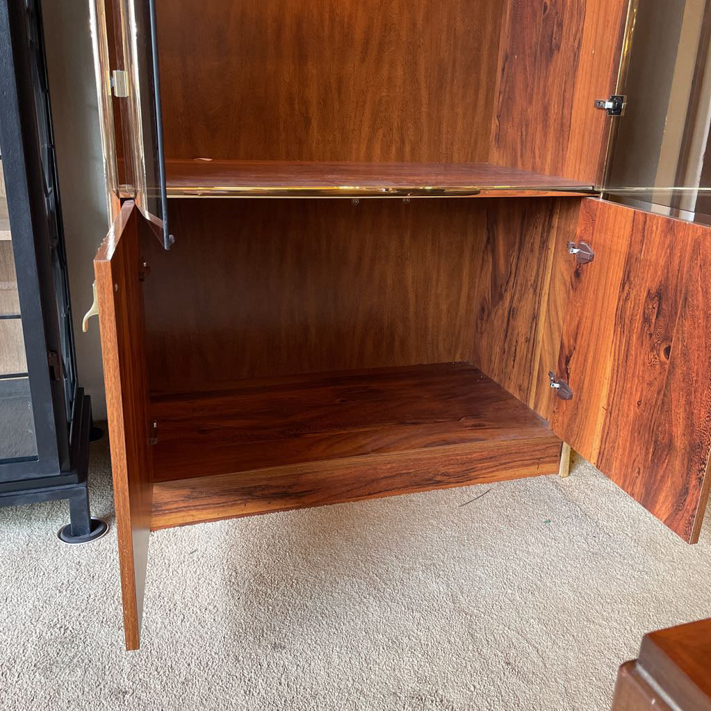 Laminate Wood & Smoked Glass Wall Unit w Brass Accents C CABINETS