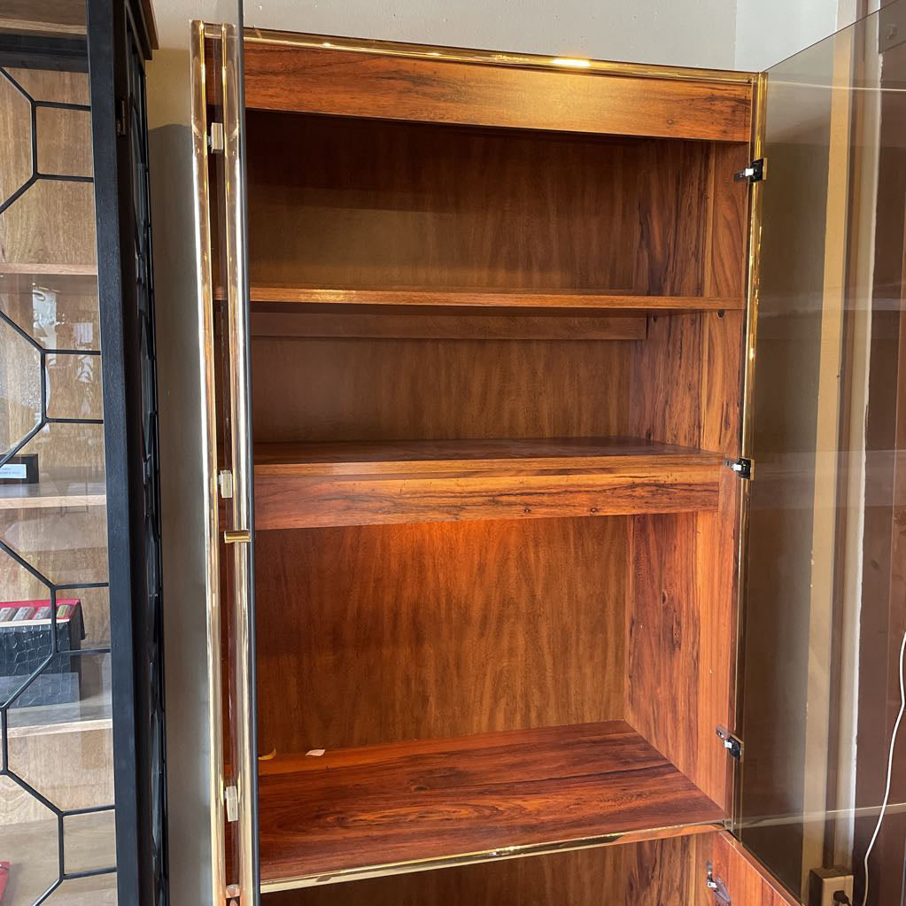 Laminate Wood & Smoked Glass Wall Unit w Brass Accents C CABINETS