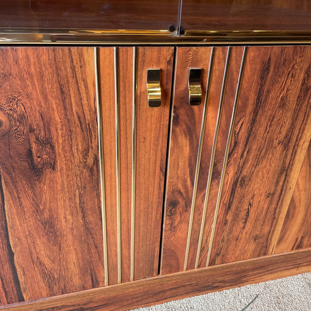 Laminate Wood & Smoked Glass Wall Unit w Brass Accents C CABINETS