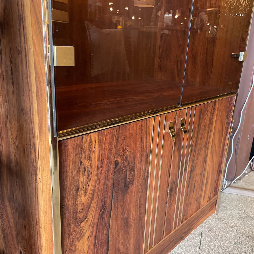 Laminate Wood & Smoked Glass Wall Unit w Brass Accents C CABINETS
