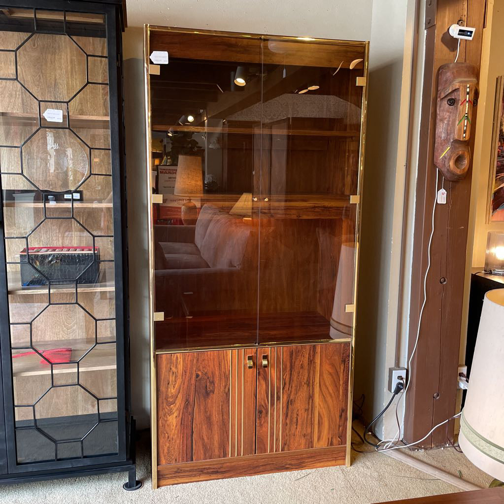 Laminate Wood & Smoked Glass Wall Unit w Brass Accents C CABINETS