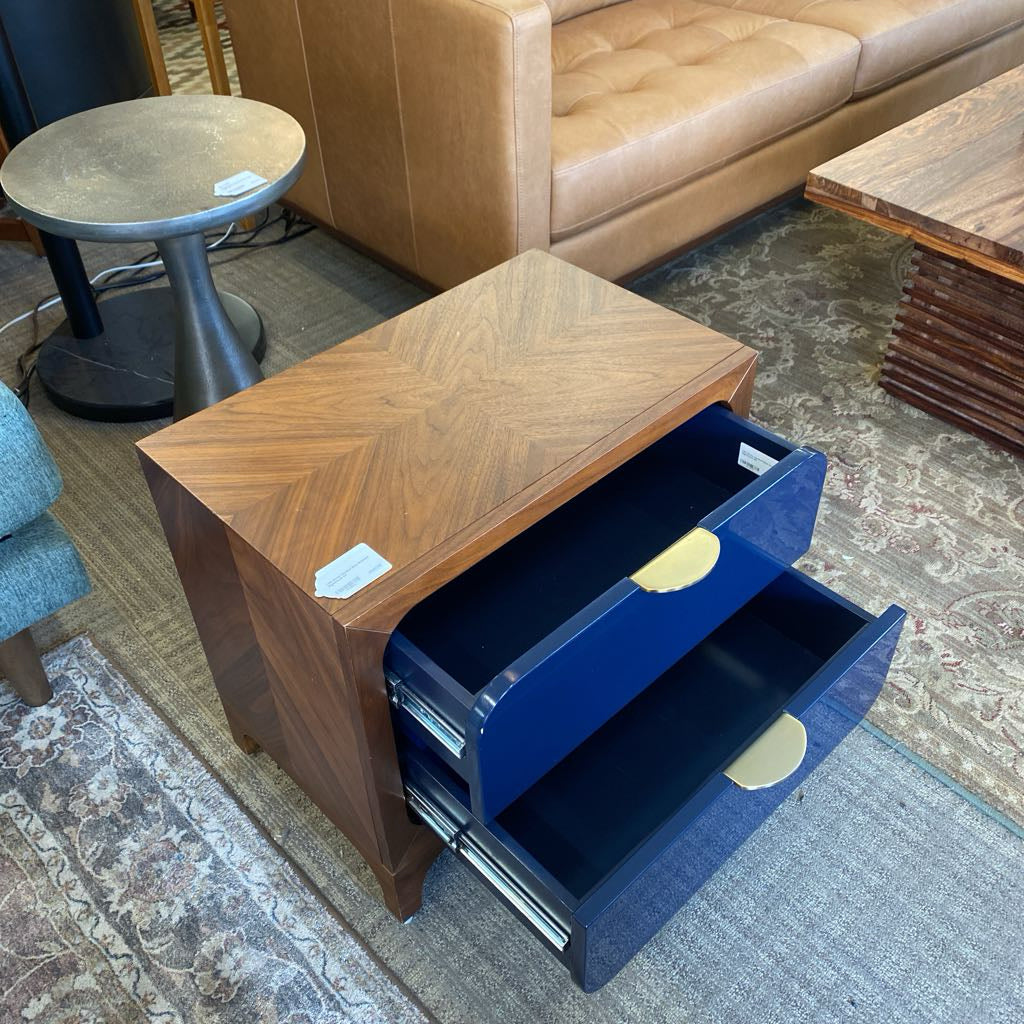 CB2 Brass Handled Blue Drawers Nightstand