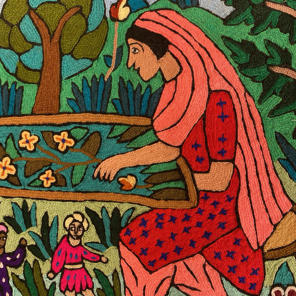 Vintage Hand Embroidered Village Scene Tapestry