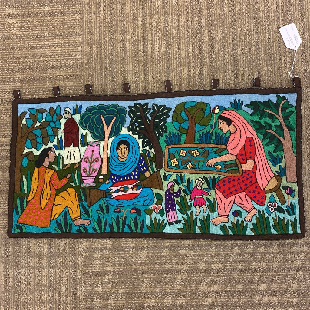 Vintage Hand Embroidered Village Scene Tapestry