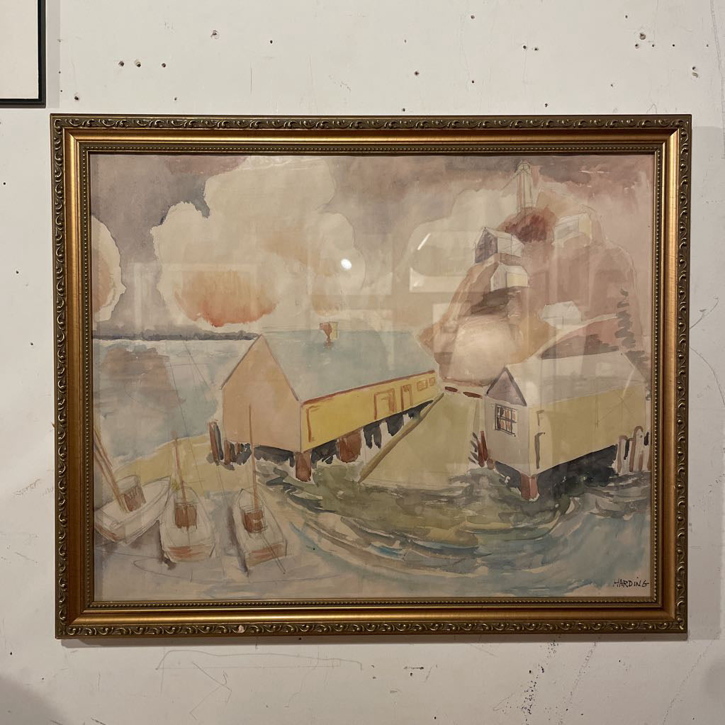 Pale Watercolor of Buildings and Boats at Wharf Art