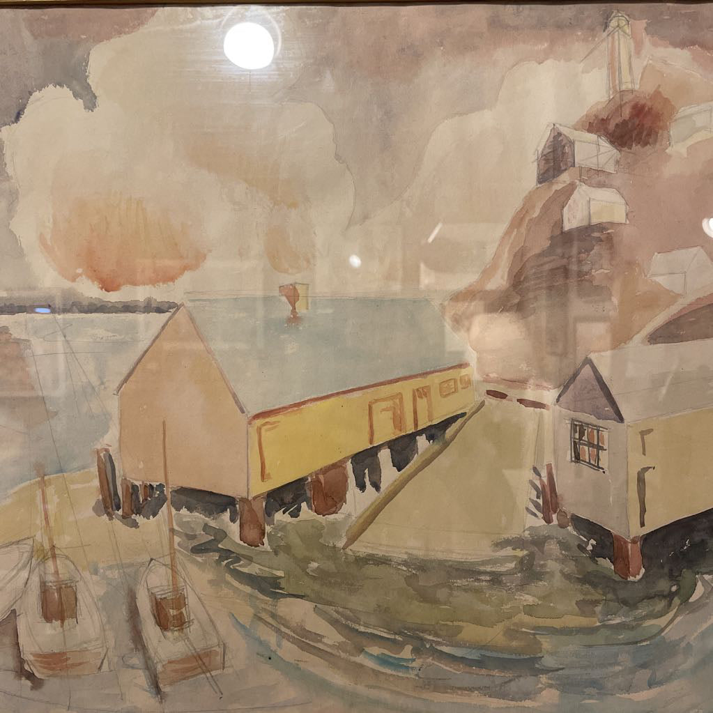Pale Watercolor of Buildings and Boats at Wharf Art