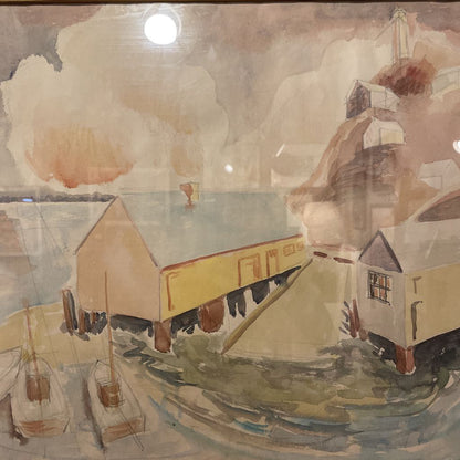 Pale Watercolor of Buildings and Boats at Wharf Art