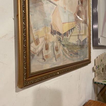 Pale Watercolor of Buildings and Boats at Wharf Art