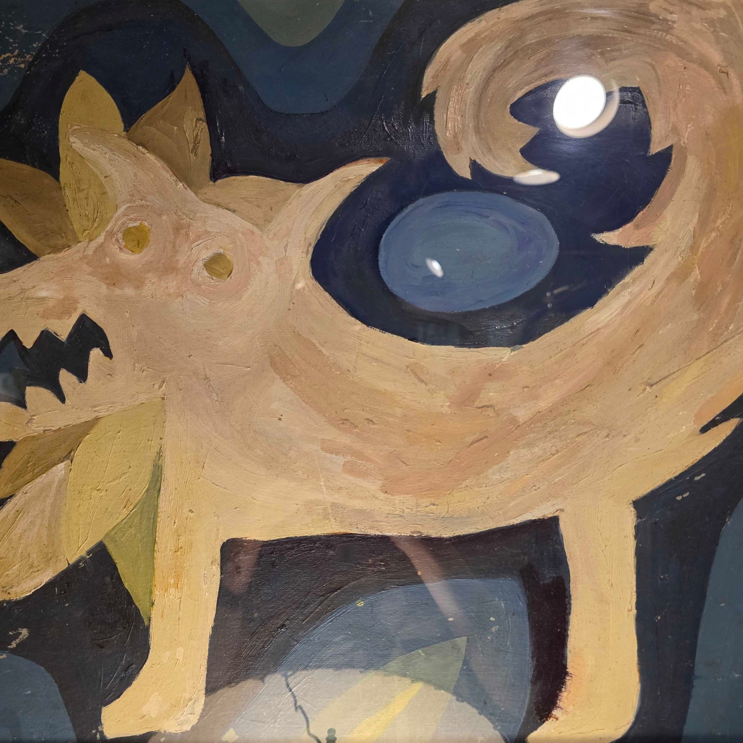 Yellow Crazy Dog on Blue Background Art