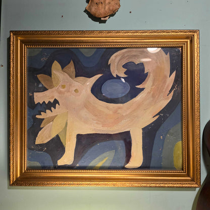 Yellow Crazy Dog on Blue Background Art
