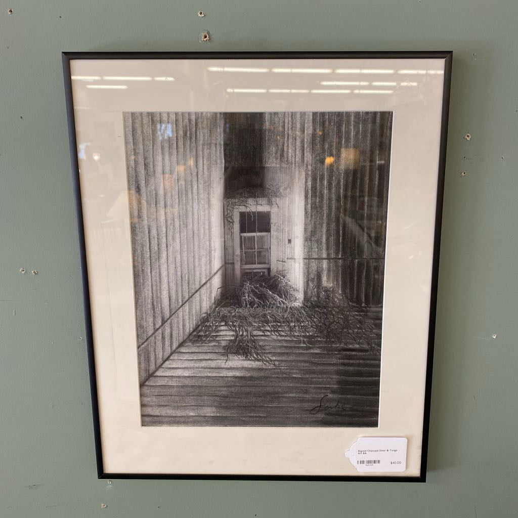 Signed Charcoal Door & Twigs Art