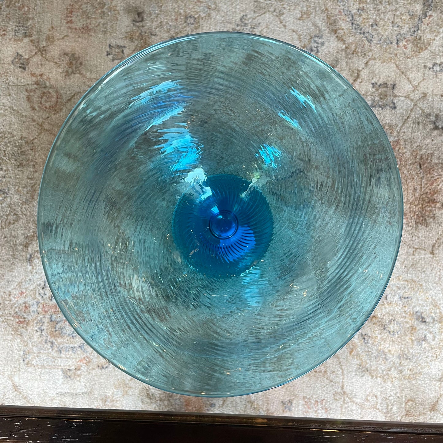 Blue-Green Diagonal-Swirl Glass Bowl