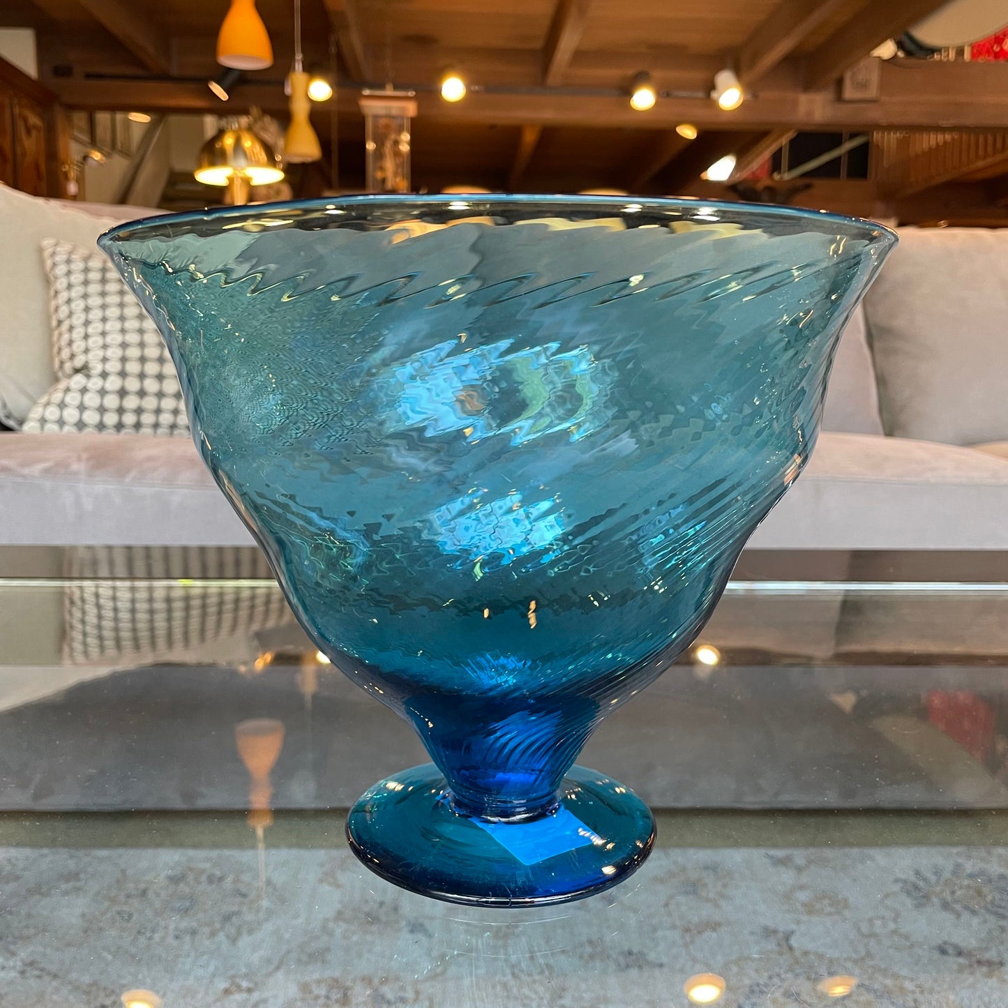Blue-Green Diagonal-Swirl Glass Bowl