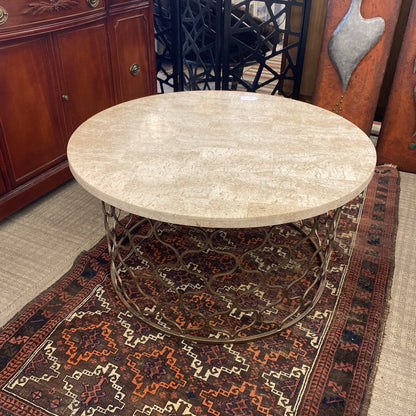 AS IS Faux Stone Top Round Coffee Table w Metal Open Base