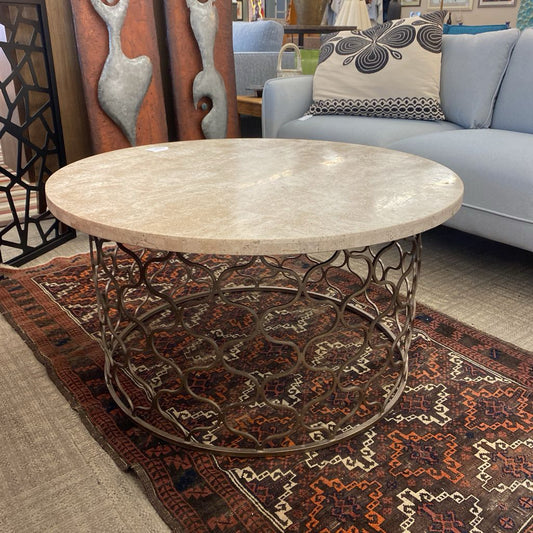 AS IS Faux Stone Top Round Coffee Table w Metal Open Base C COFFEE TABLES