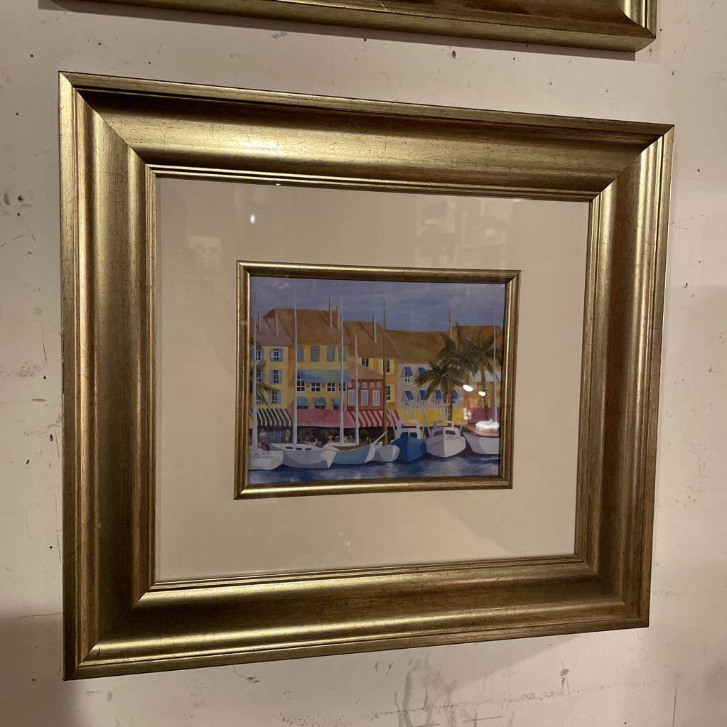 Gold Frame Moored Boats By Colorful Buildings Print ART