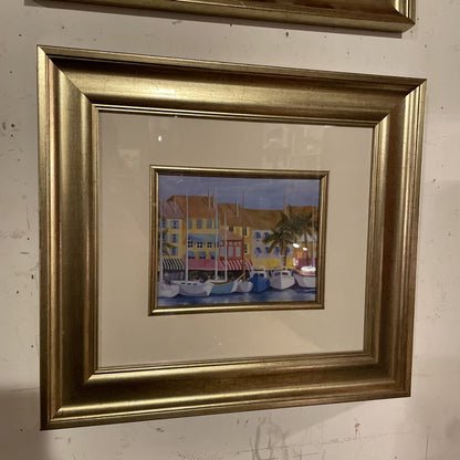 Gold Frame Moored Boats By Colorful Buildings Print ART