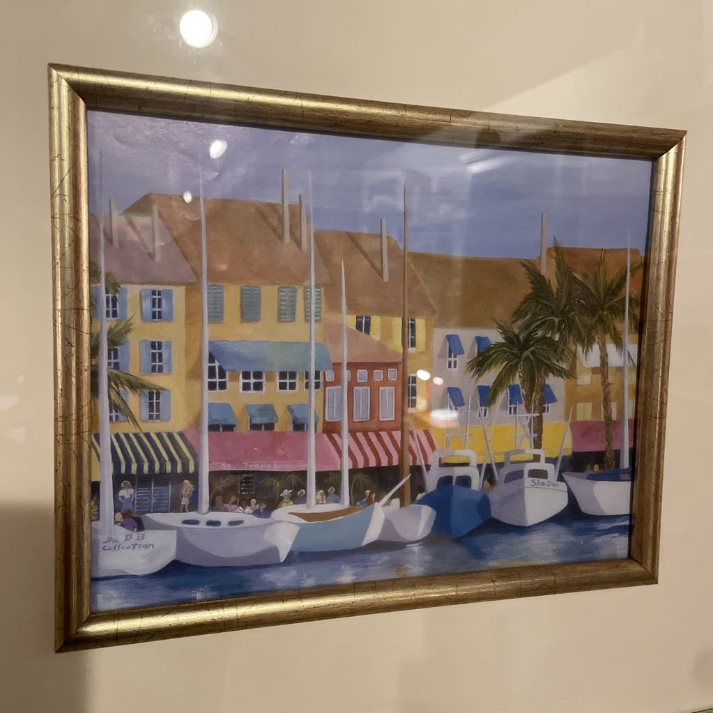 Gold Frame Moored Boats By Colorful Buildings Print ART