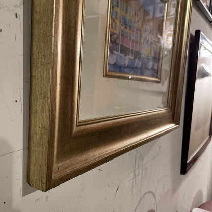 Gold Frame Moored Boats By Colorful Buildings Print ART