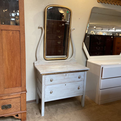 Rustic White Wash 2 Drawer Vanity w/ Gold Swivel Mirror