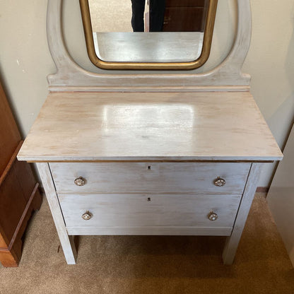 Rustic White Wash 2 Drawer Vanity w/ Gold Swivel Mirror