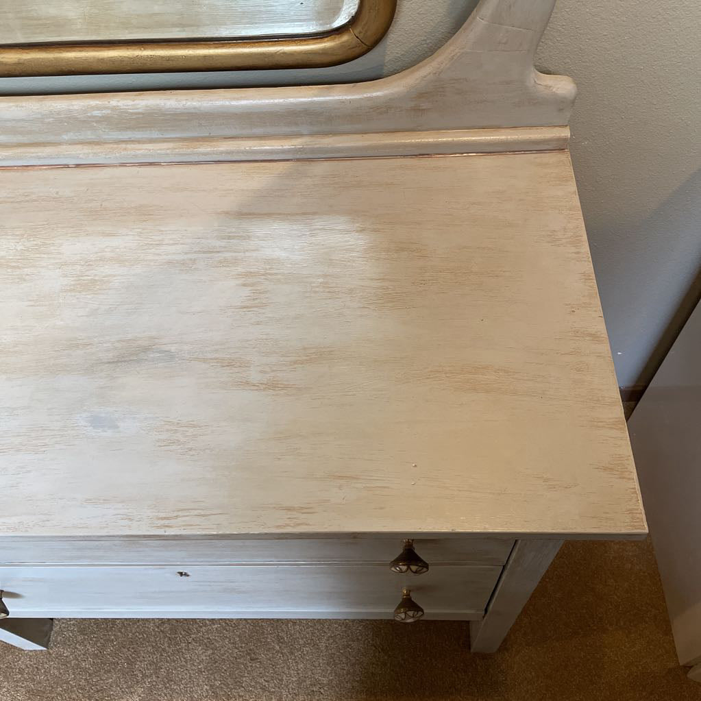 Rustic White Wash 2 Drawer Vanity w/ Gold Swivel Mirror