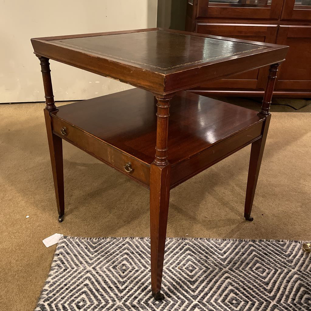 Mahogany Two Tier Leather Top Side Table w/ Drawer C SIDE TABLES