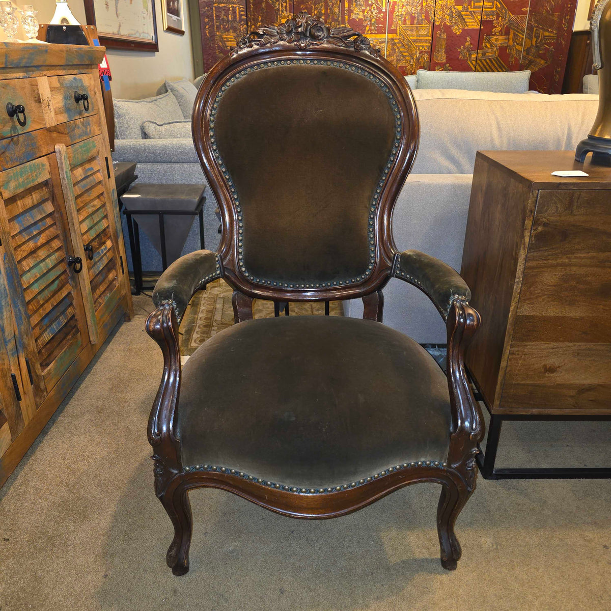 Deep Green Velvet Victorian Ornate Carved Arm Chair